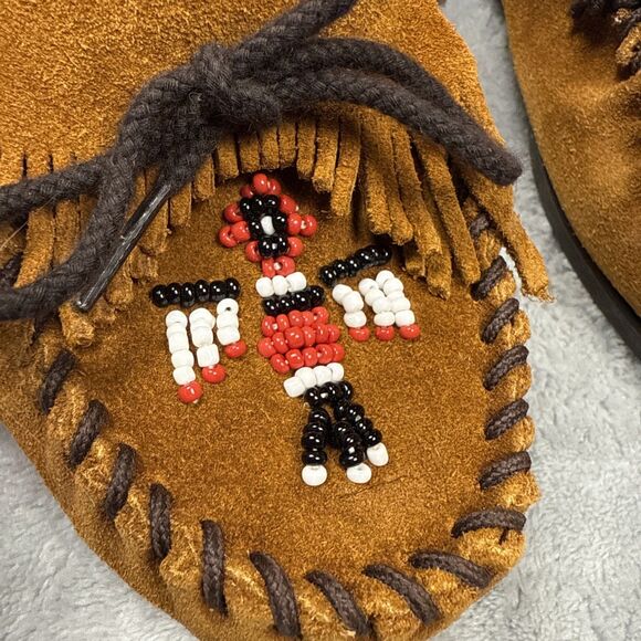 Minnetonka Thunderbird Moc Suede Moccasins Sz 9 Beaded Brown Slip On Slipper - Picture 2 of 11